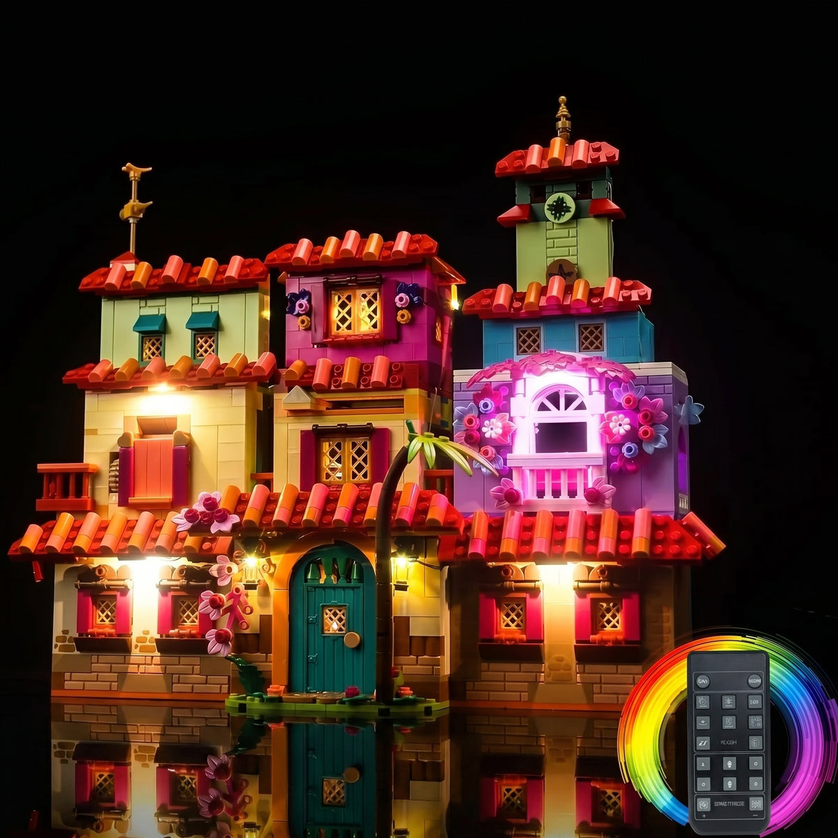 installed and glowing: Bright My Bricks USB-powered LED light kit for LEGO® The Magical Madrigal House #43245