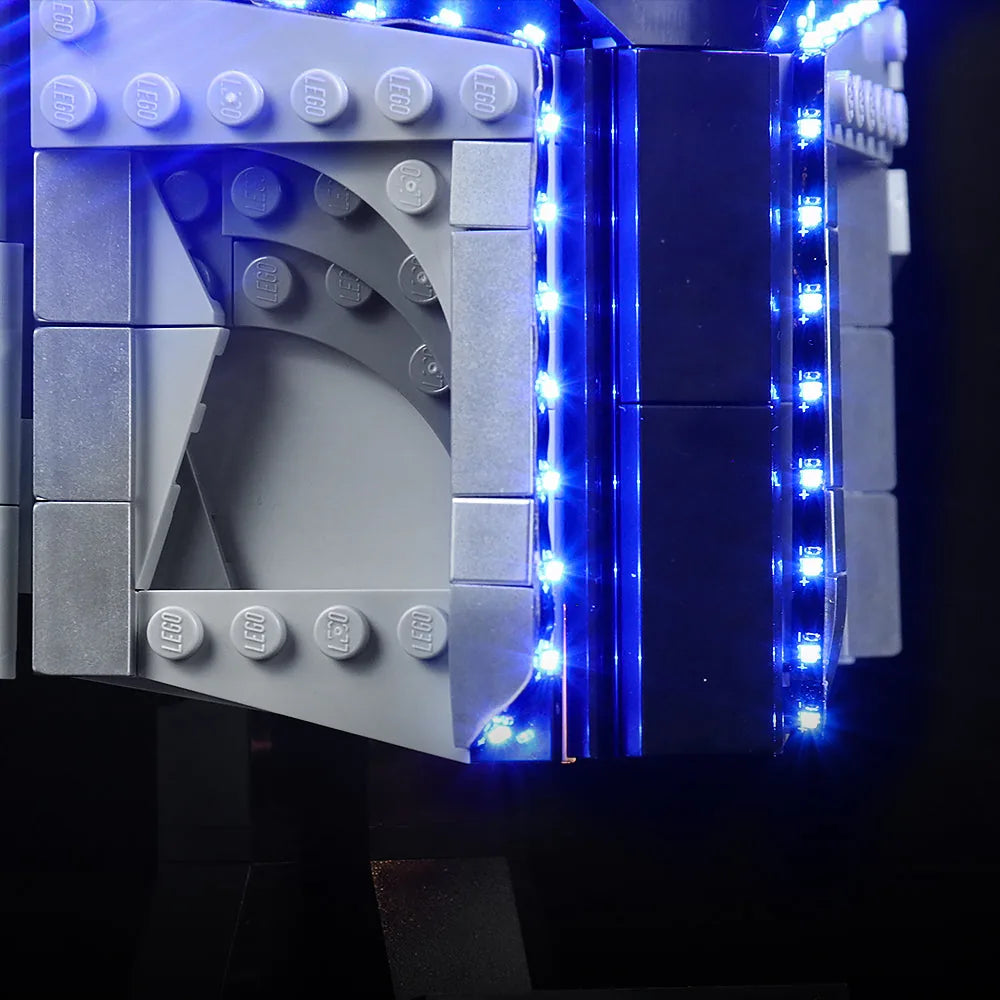 side angle with lights on: Bright My Bricks LED lights for LEGO® The Mandalorian Helmet #75328