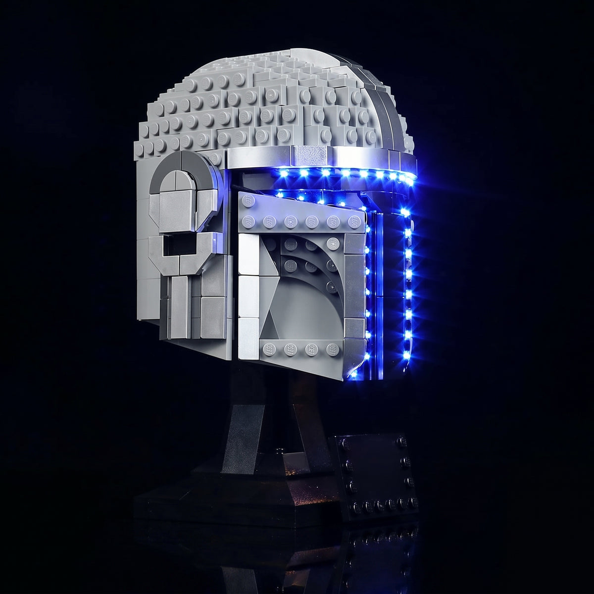 custom LED lighting for LEGO® The Mandalorian Helmet #75328, front view fully lit