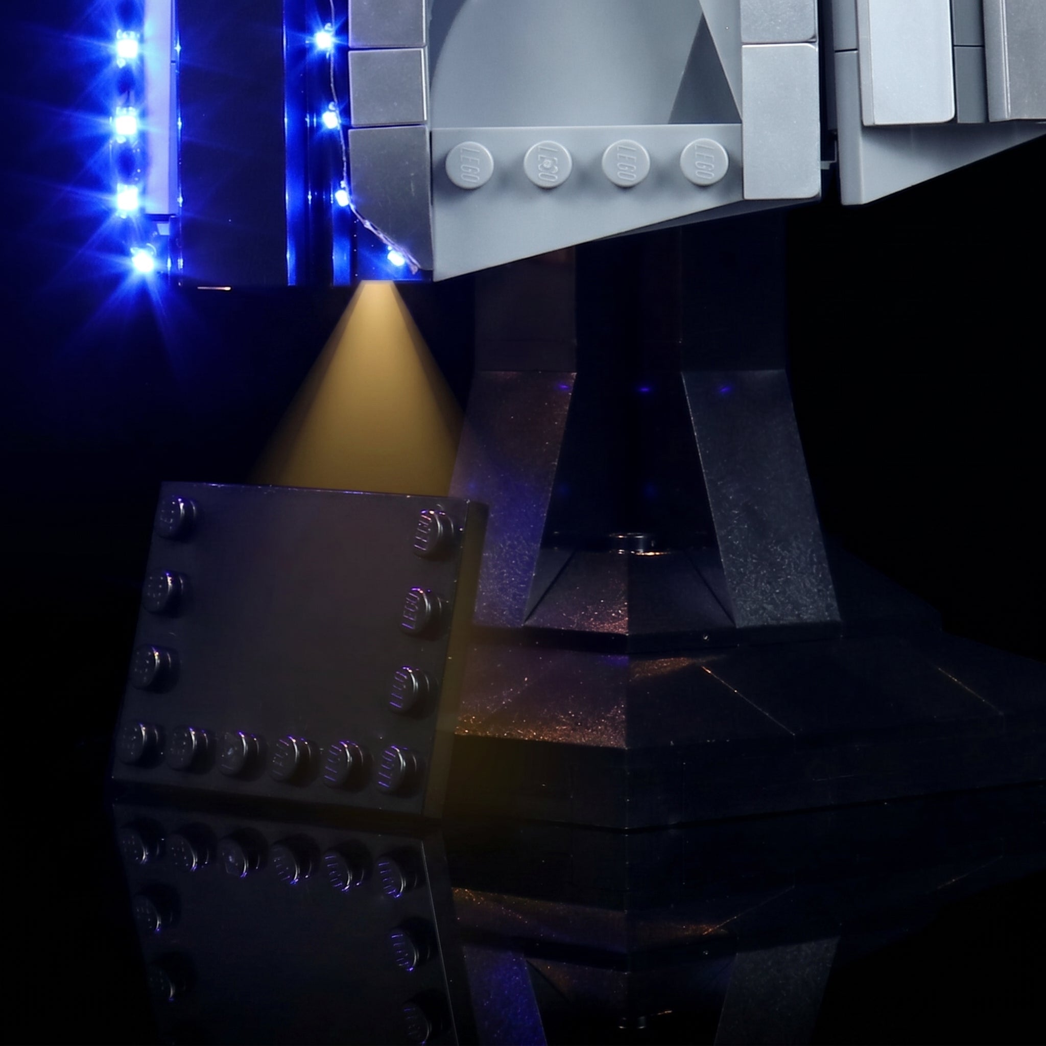 Bright My Bricks premium LED light kit for LEGO® The Mandalorian Helmet #75328 — display lighting in a dark room