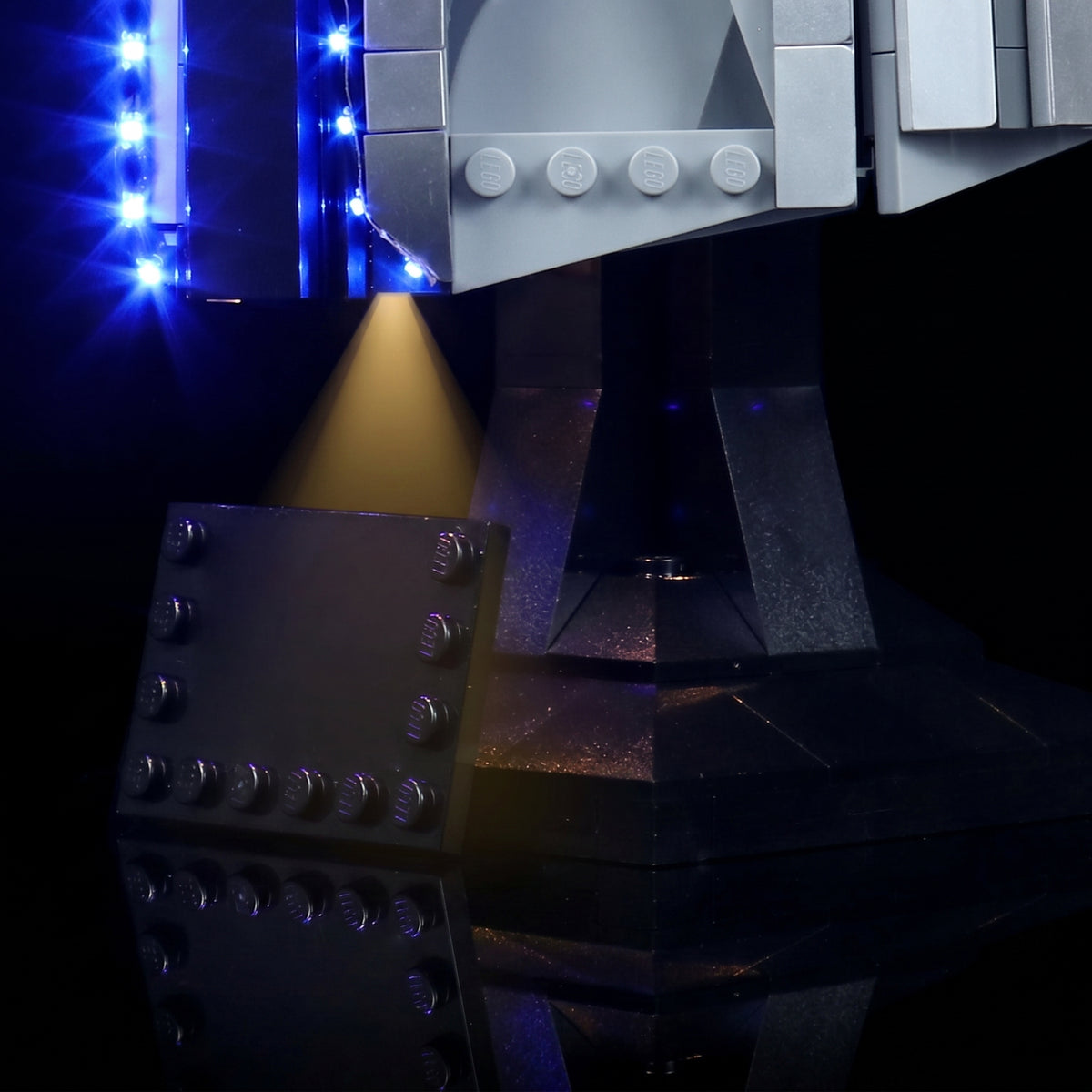 Bright My Bricks premium LED light kit for LEGO® The Mandalorian Helmet #75328 — display lighting in a dark room
