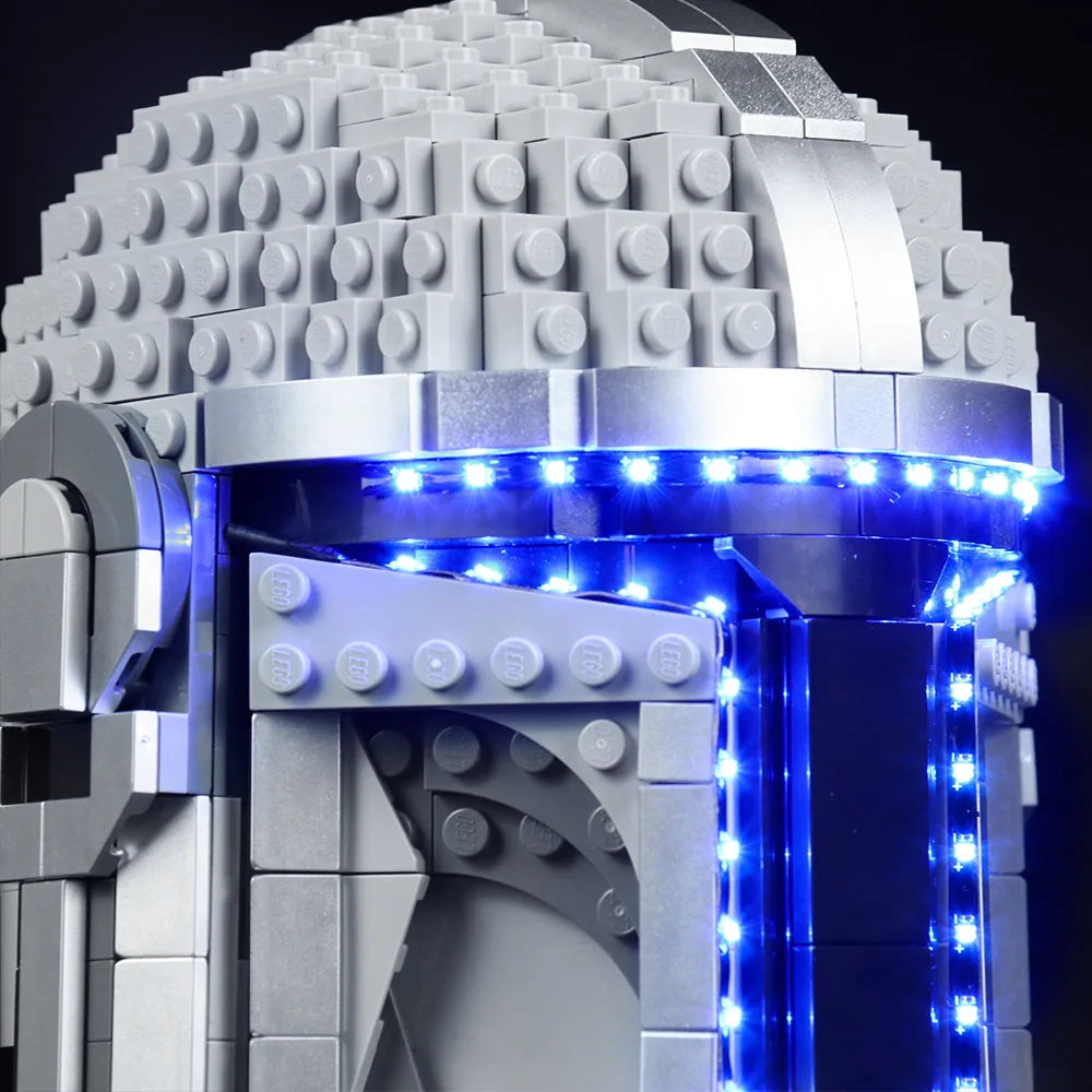 front view fully lit: Bright My Bricks light kit for LEGO® The Mandalorian Helmet #75328