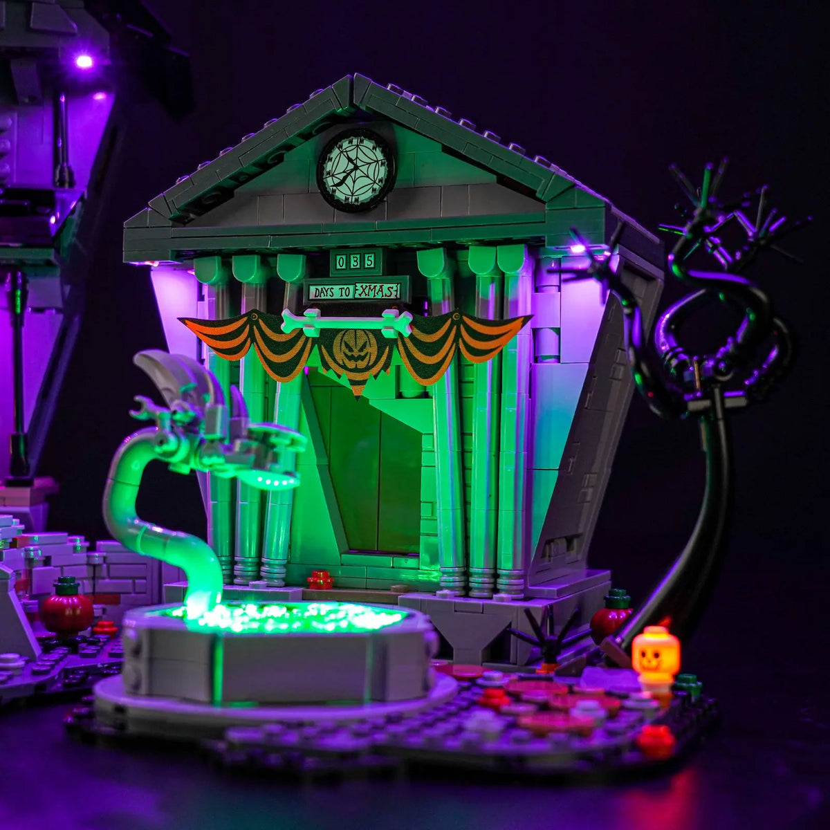 LEGO® The Nightmare Before Christmas #21351 close-up of the LED lighting detail, with the LED lighting kit