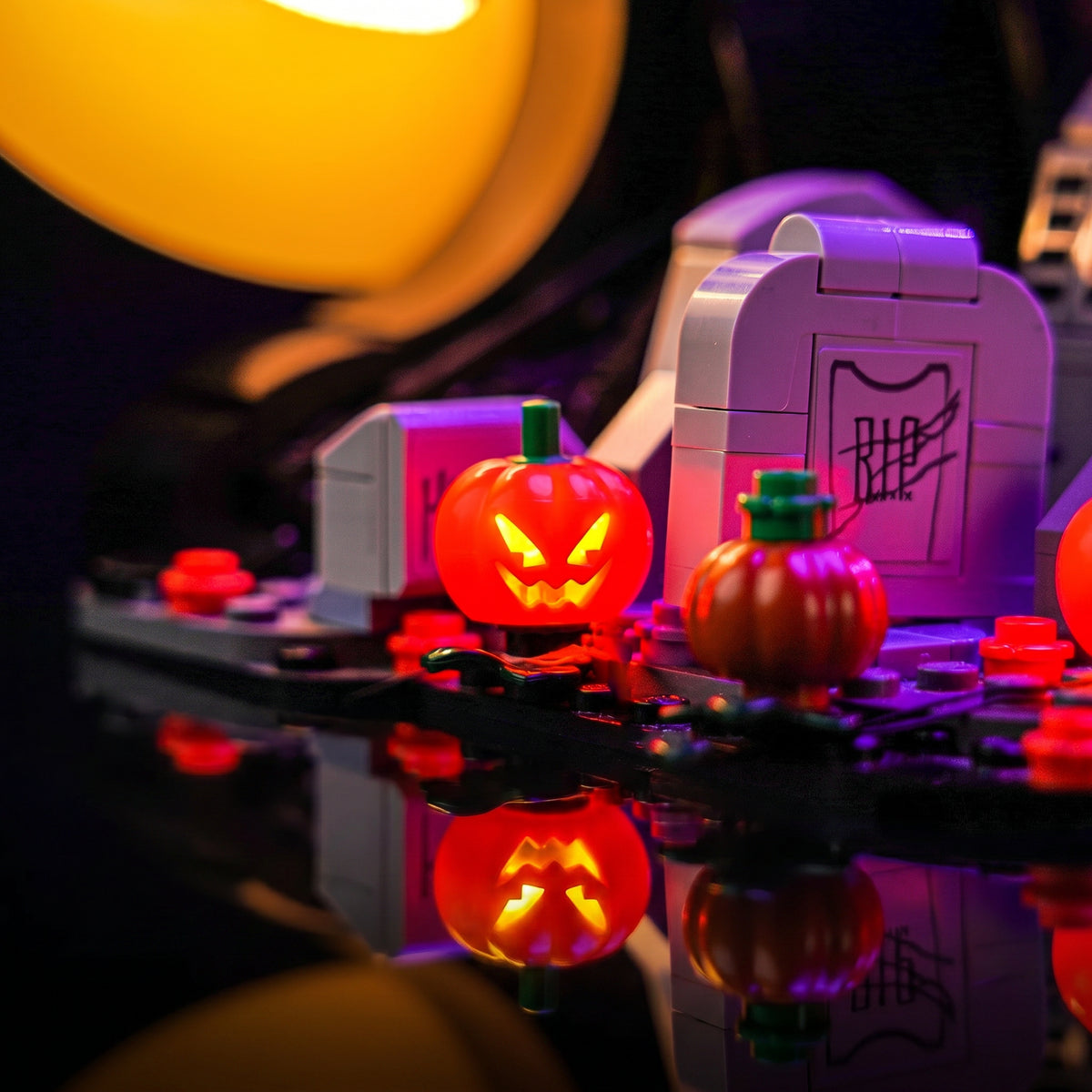 LEGO® The Nightmare Before Christmas #21351 showcase lighting view, with the LED light kit