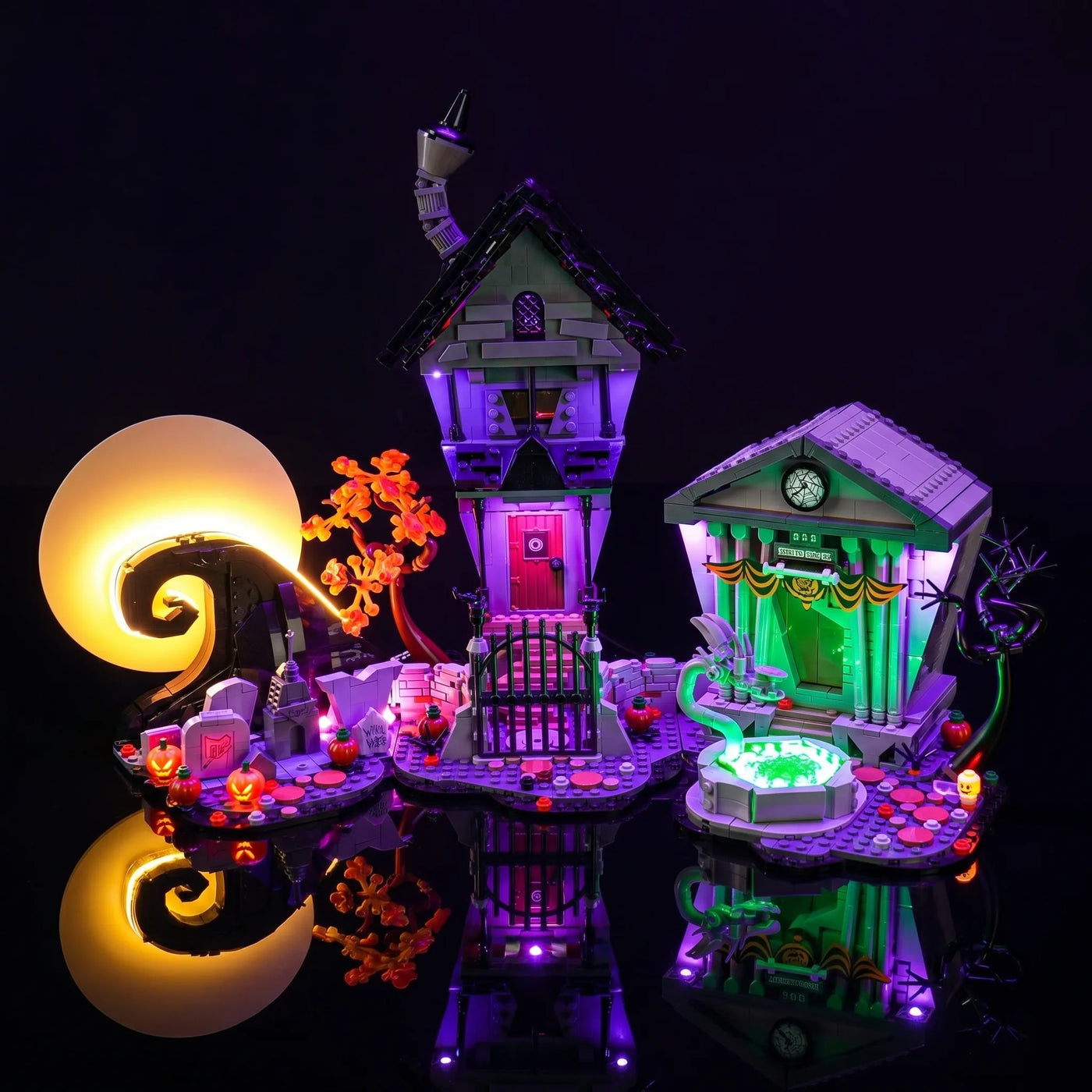 LEGO® The Nightmare Before Christmas #21351 illuminated at night, with the LED light kit