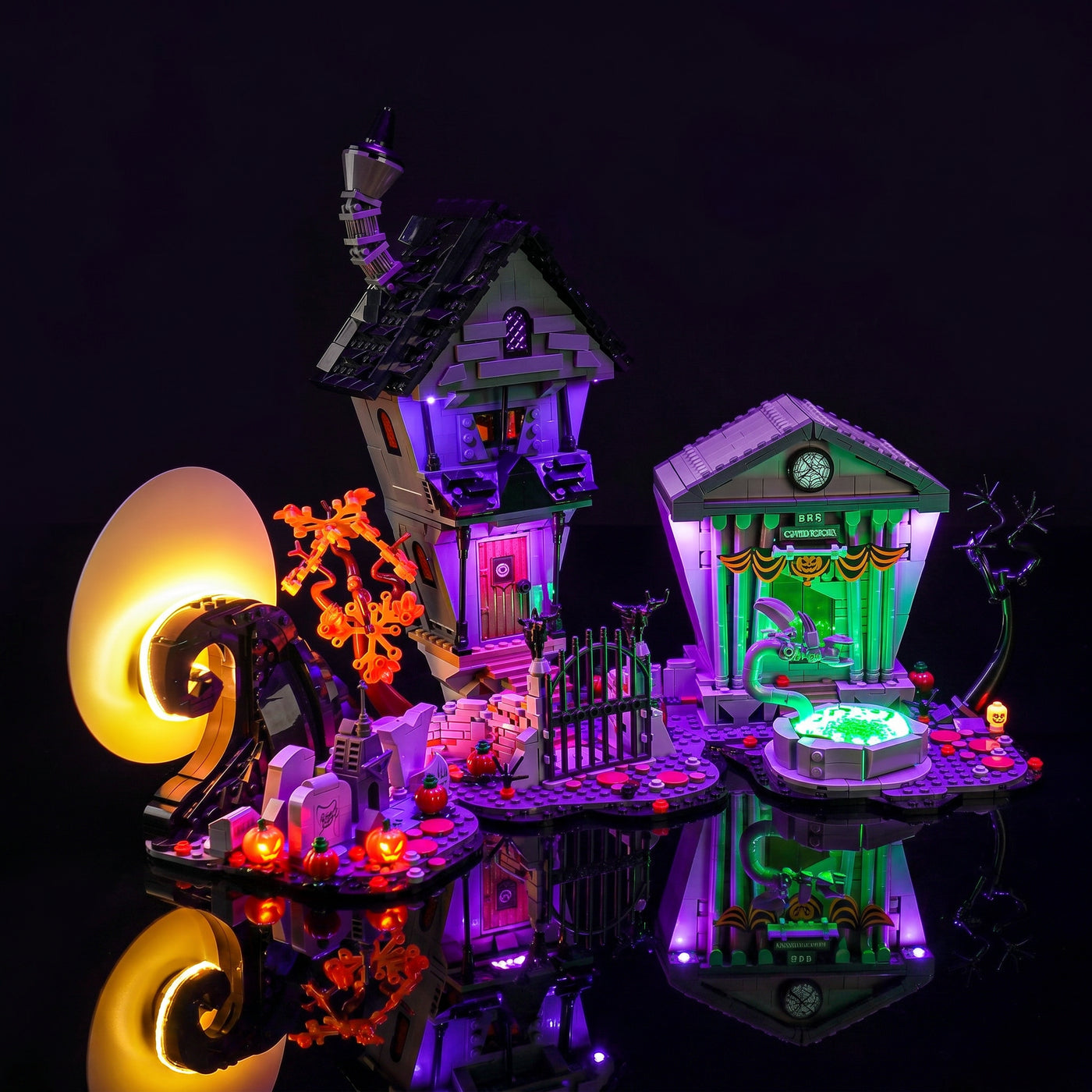 LEGO® The Nightmare Before Christmas #21351 side angle with lights on, with the LED lights