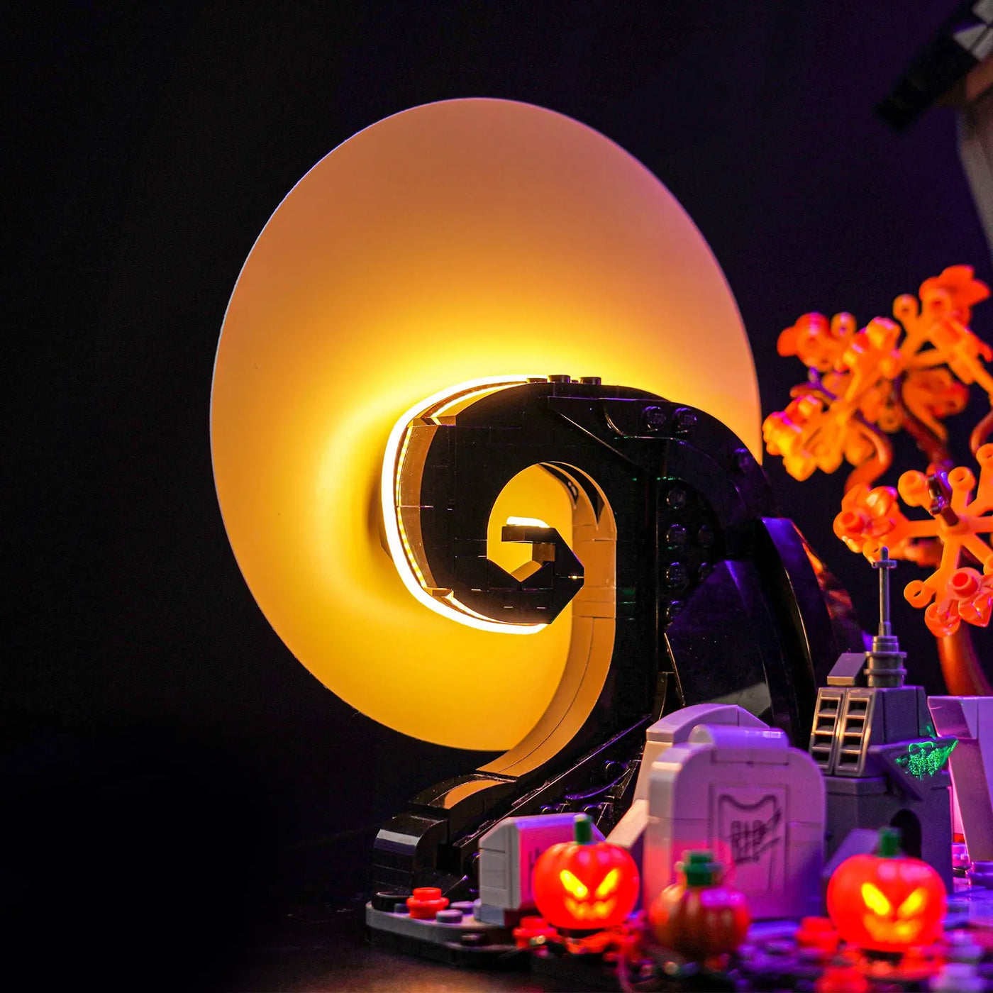 LEGO® The Nightmare Before Christmas #21351 front view fully lit, with the premium LED light kit