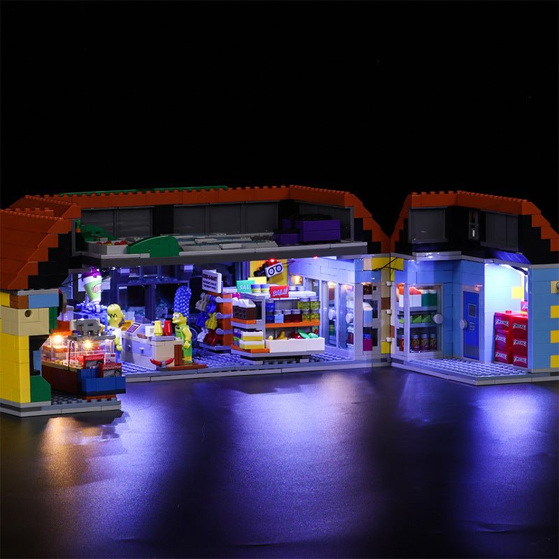 LEGO® The Simpsons The Kwik-E-Mart #71016 front view fully lit, with the USB-powered LED light kit
