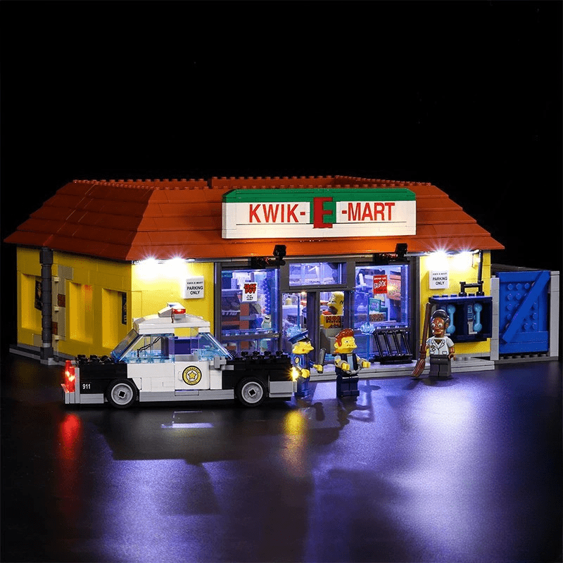 Bright My Bricks custom LED lighting for LEGO® The Simpsons The Kwik-E-Mart #71016 — before-and-after lighting