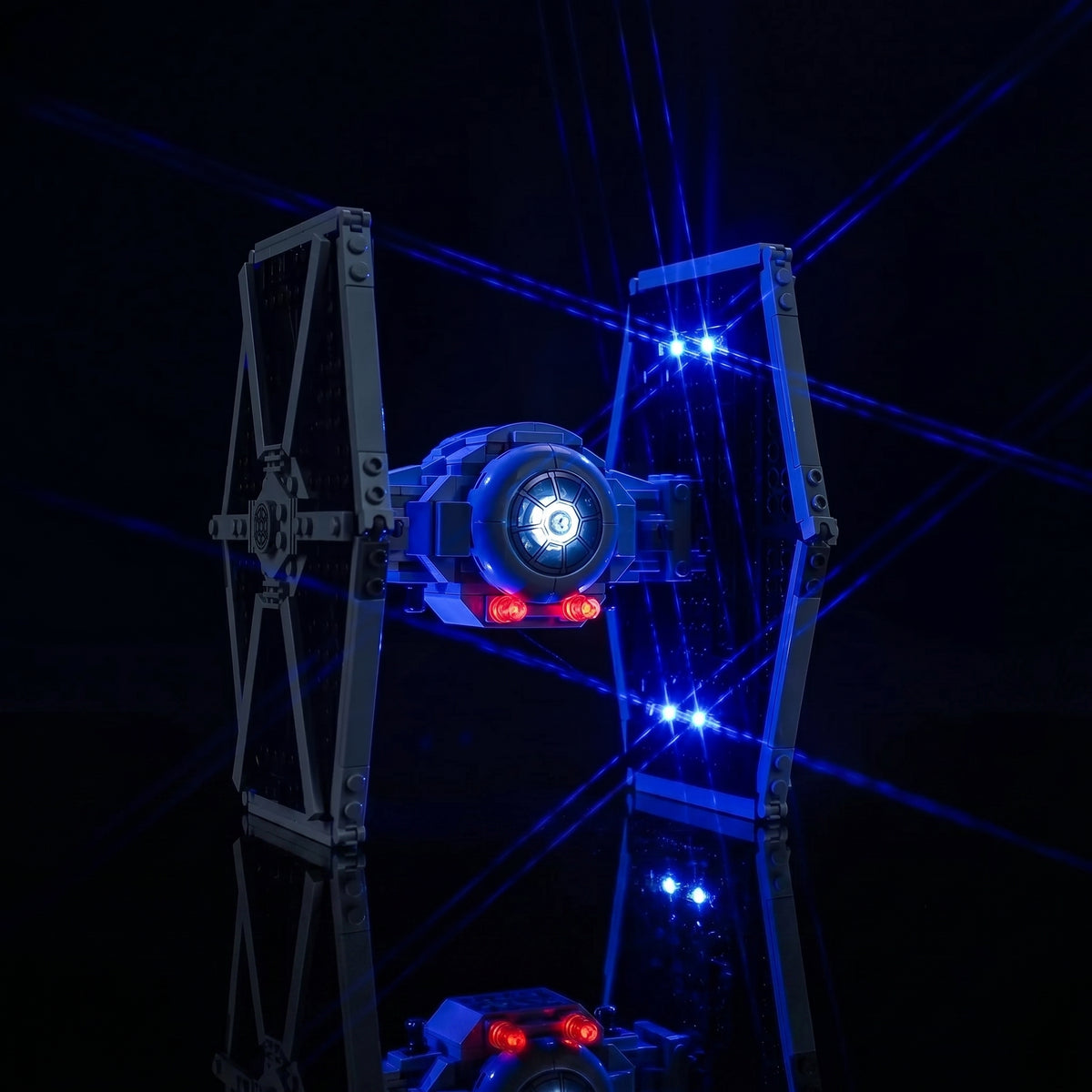 LEGO® TIE Fighter & X-Wing Mash-up #75393 fully illuminated on display, with the custom LED lighting