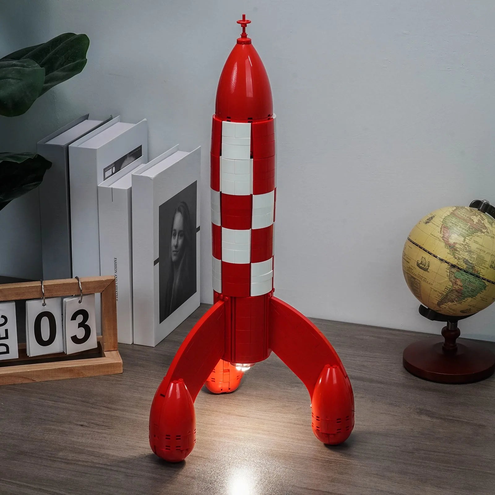 LEGO Tintin Moon Rocket #21367 illuminated at night