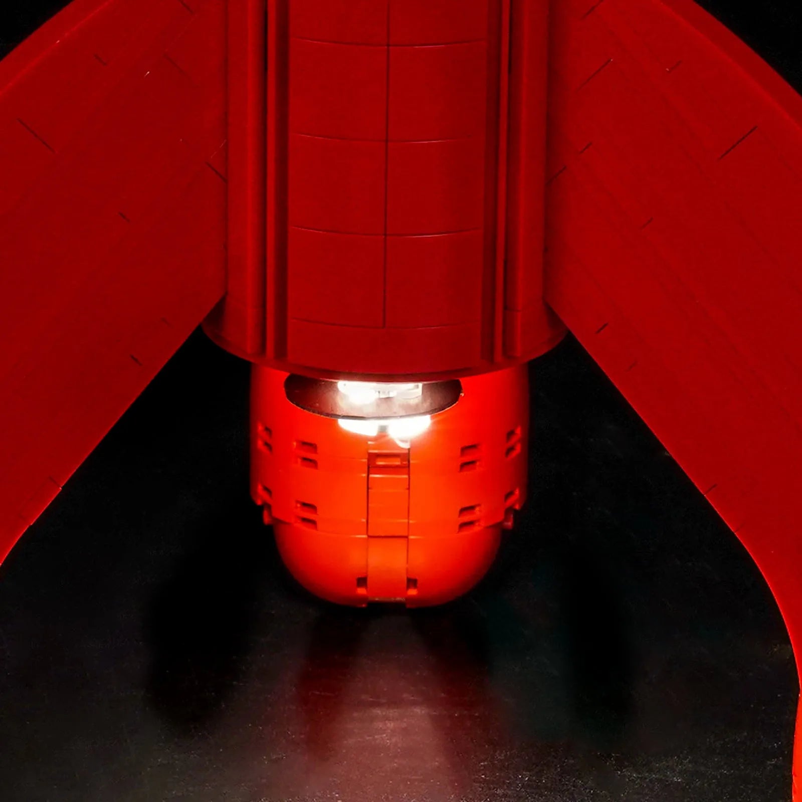 Close-up of LED lights on LEGO Tintin Moon Rocket #21367