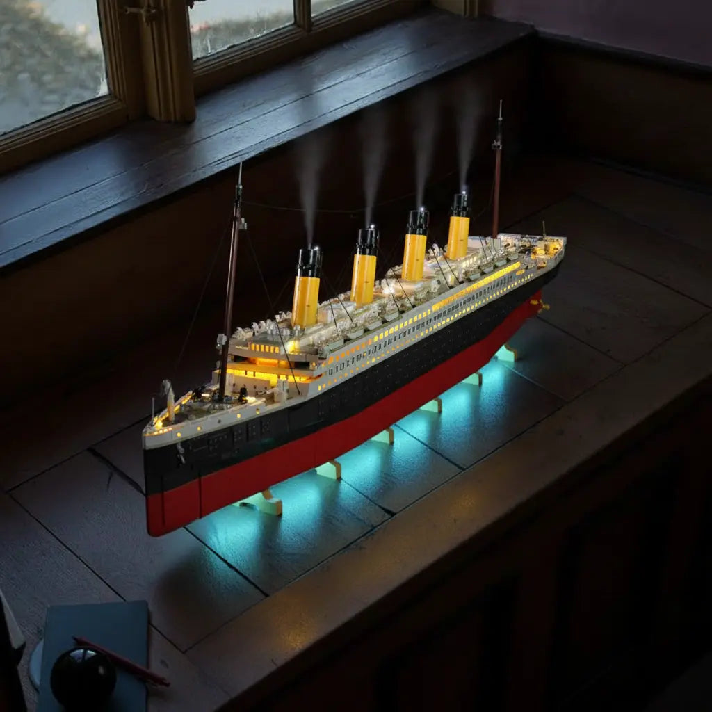 Bright My Bricks custom LED lighting for LEGO® Titanic #10294 — front view fully lit
