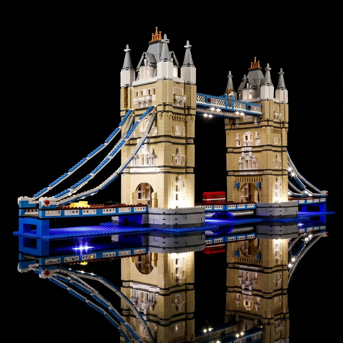 LEGO® Tower Bridge #10214 warm LED glow detail, with the custom LED lighting