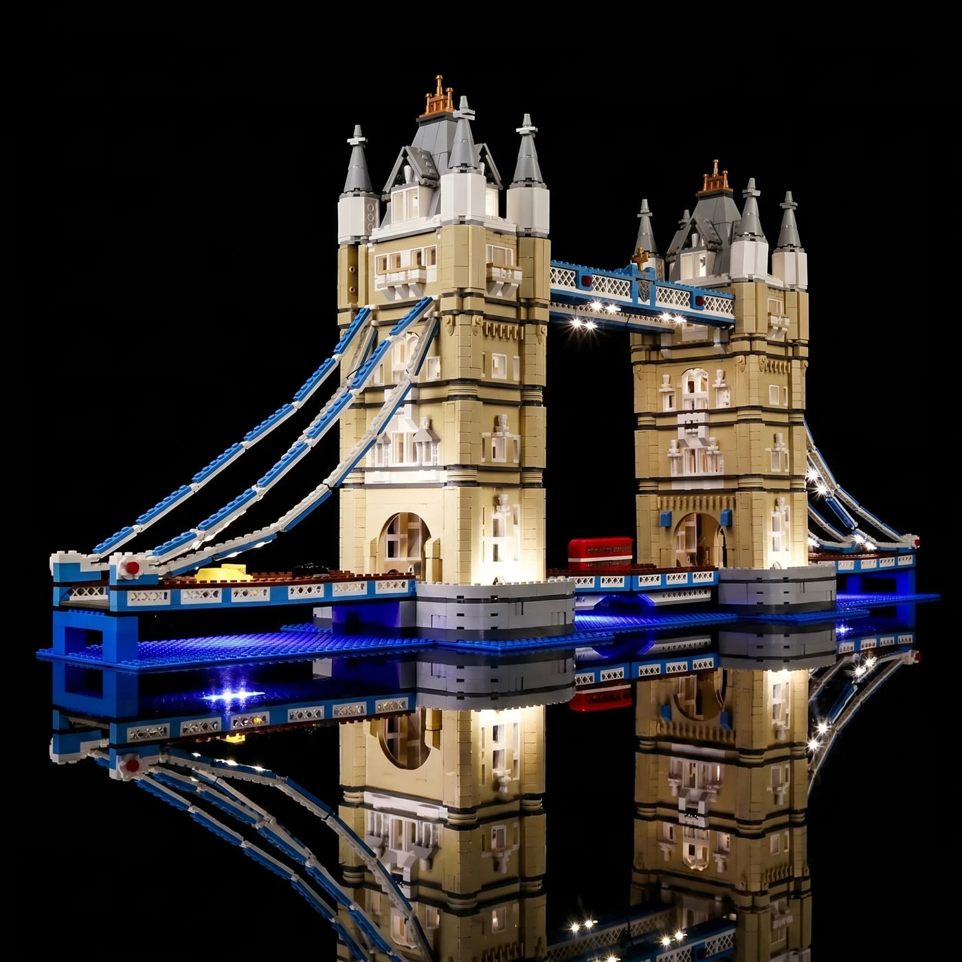 LEGO® Tower Bridge #10214 warm LED glow detail, with the custom LED lighting