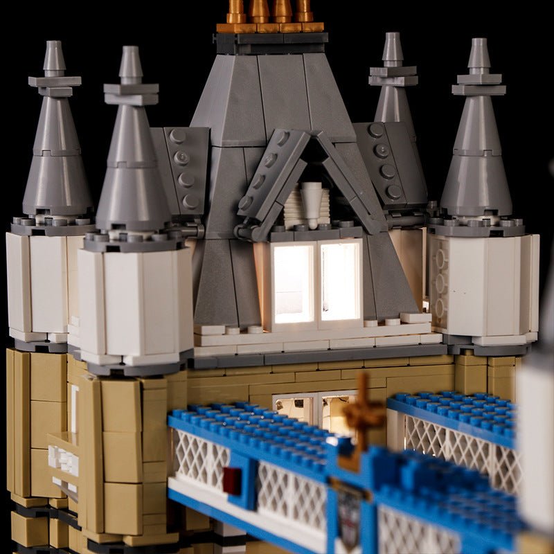 LEGO® Tower Bridge #10214 front view fully lit, with the LED lights
