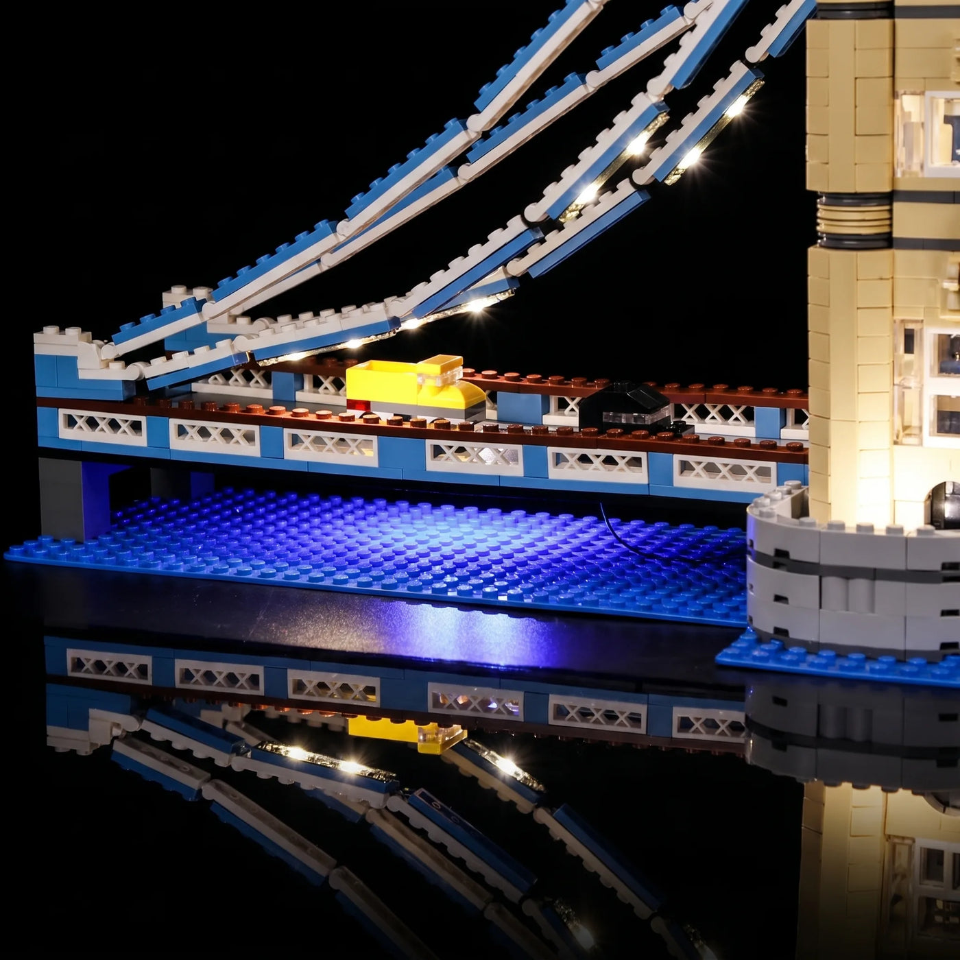 LEGO® Tower Bridge #10214 front view fully lit, with the DIY LED light kit
