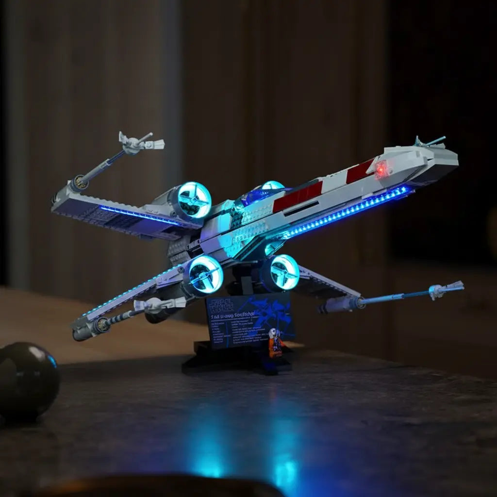 LEGO® UCS X-Wing Starfighter #75355 before-and-after lighting, with the custom LED lighting
