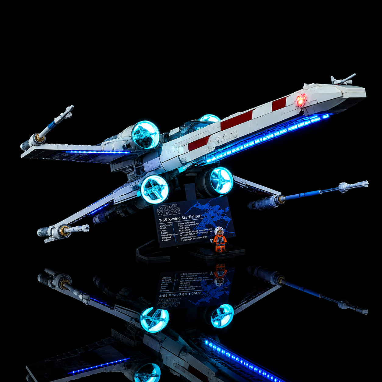 display light kit for LEGO® UCS X-Wing Starfighter #75355, fully illuminated on display