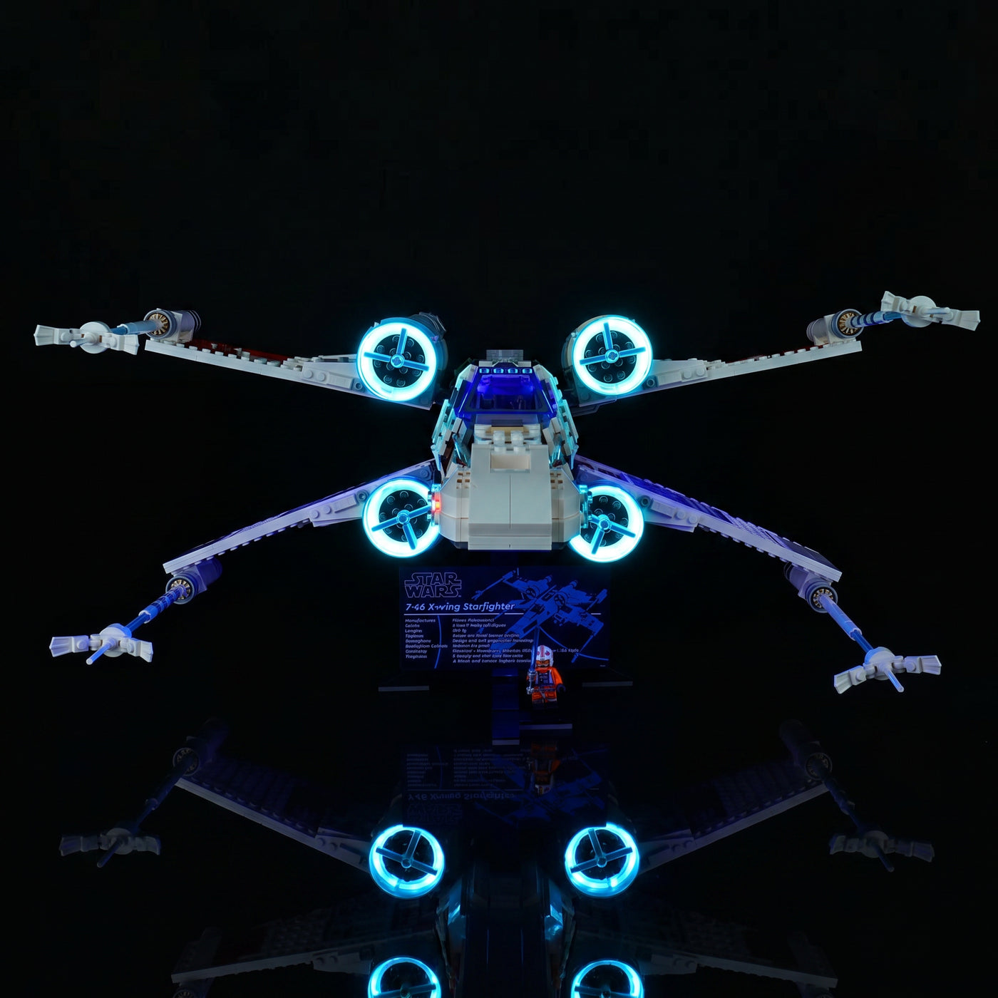 LEGO® UCS X-Wing Starfighter #75355 warm LED glow detail, with the RGB LED light kit