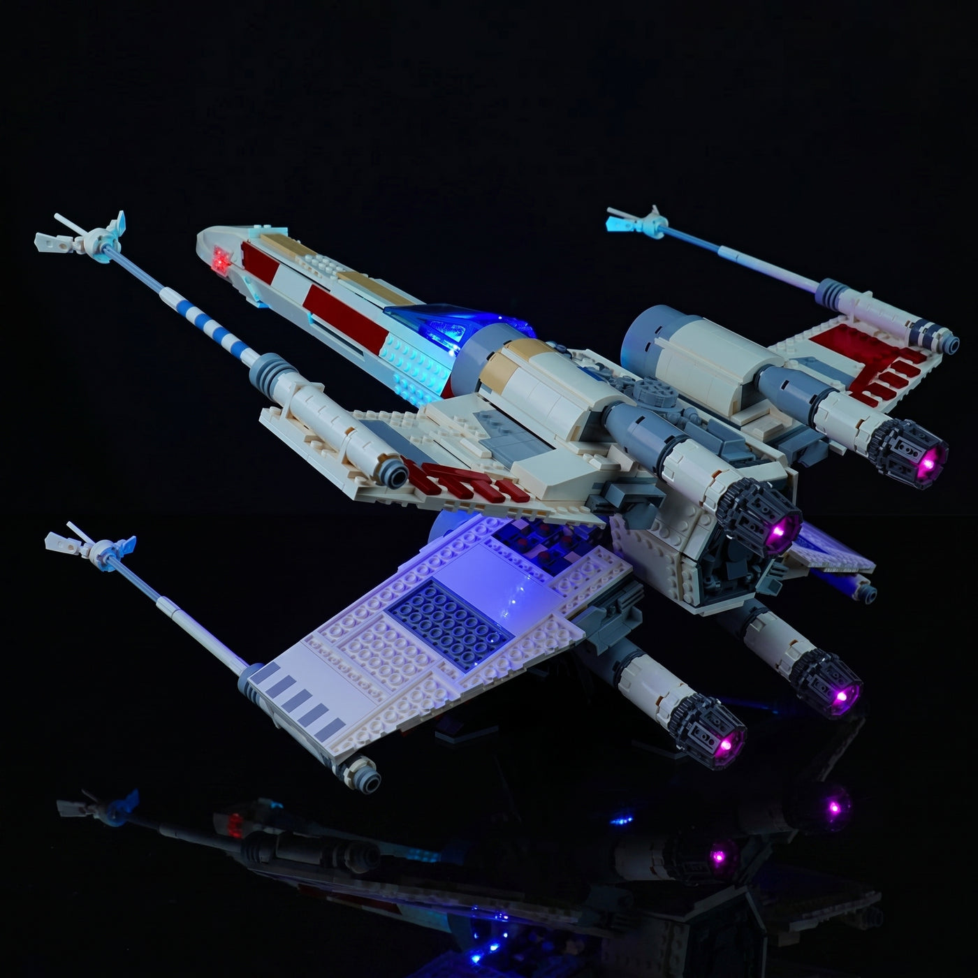 LED kit powered on: Bright My Bricks display light kit for LEGO® UCS X-Wing Starfighter #75355