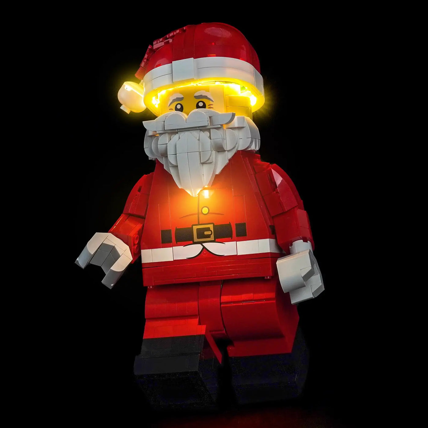 LEGO® Up-Scaled Santa Minifigure #40820 night-mode display glow, with the LED lighting kit