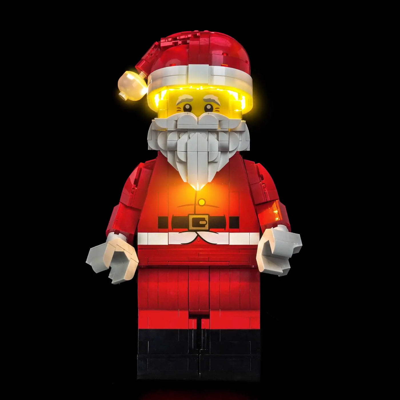 LEGO® Up-Scaled Santa Minifigure #40820 warm LED glow detail, with the custom LED lighting