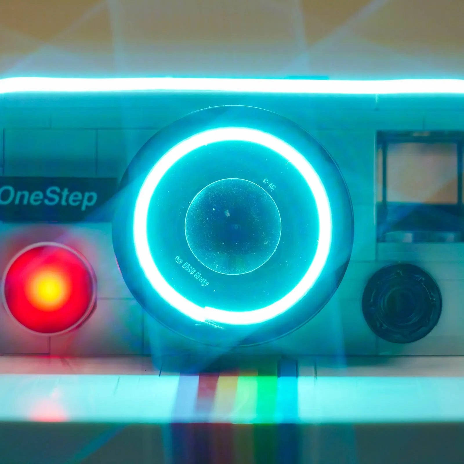 LEGO Upgraded Light Kit for LEGO Ideas Polaroid OneStep SX-70 Camera #21345 illuminated at night