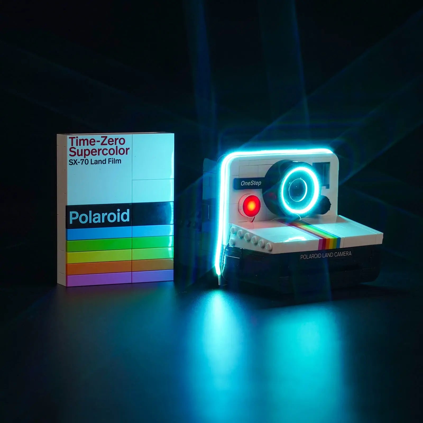 LEGO Upgraded Light Kit for LEGO Ideas Polaroid OneStep SX-70 Camera #21345 illuminated at night