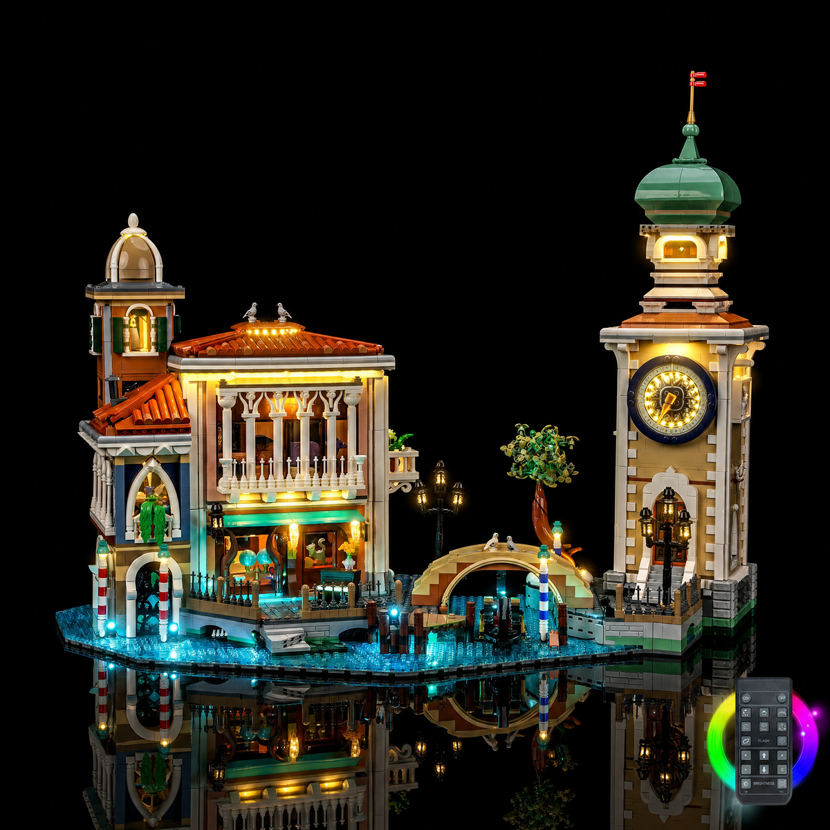 Quartier éclairé avec une télécommande multicolore visible en bas à droite — LEGO® Le quartier vénitien #11388