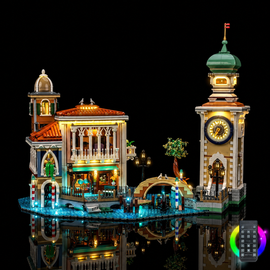 Quartier éclairé avec une télécommande multicolore visible en bas à droite — LEGO® Le quartier vénitien #11388