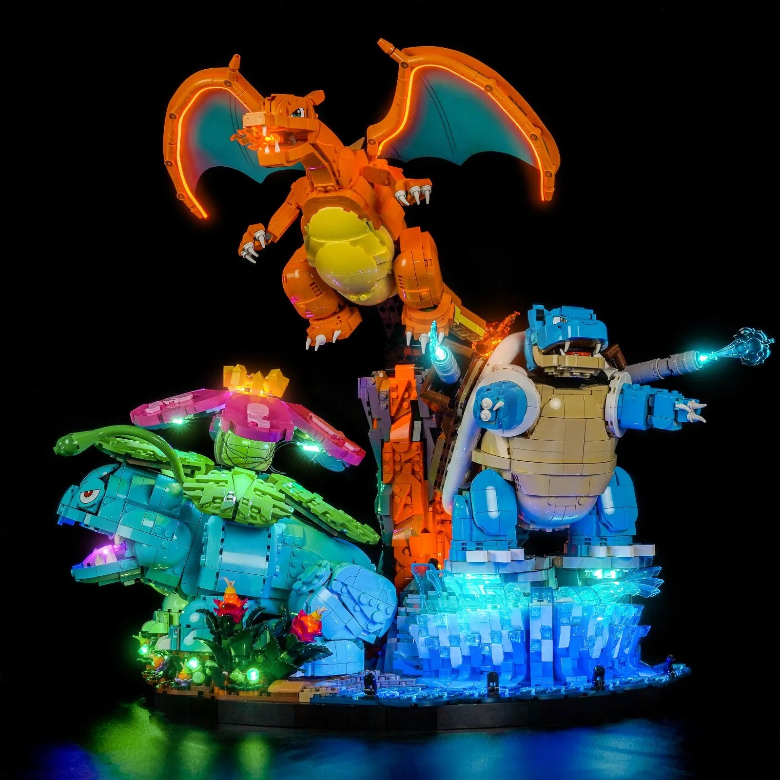 LEGO Venusaur Charizard and Blastoise #72153 illuminated at night