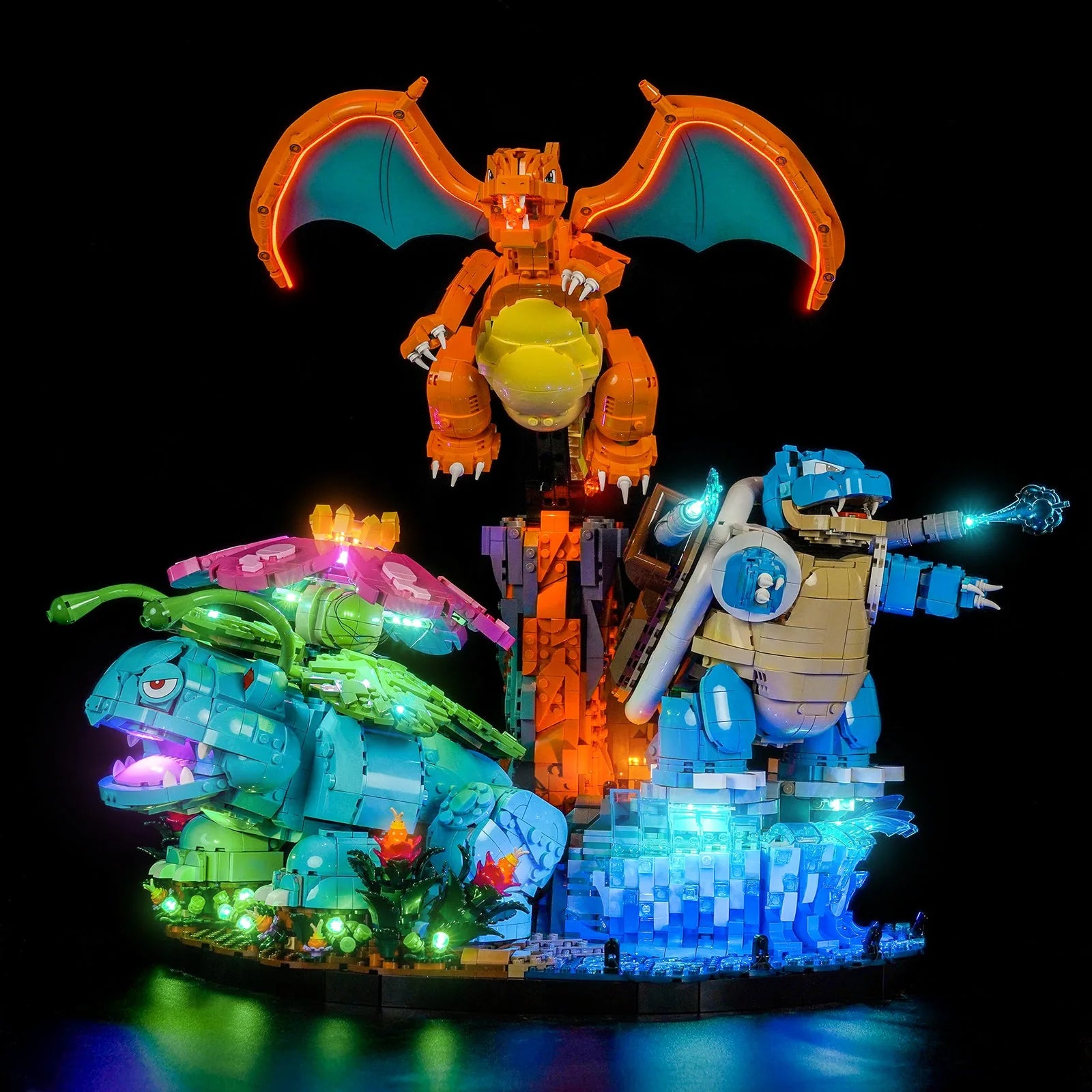 Close-up of LED lights on LEGO Venusaur Charizard and Blastoise #72153
