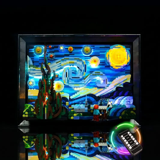 LEGO® Vincent van Gogh - The Starry Night #21333 — fully illuminated on display (DIY LED light kit)