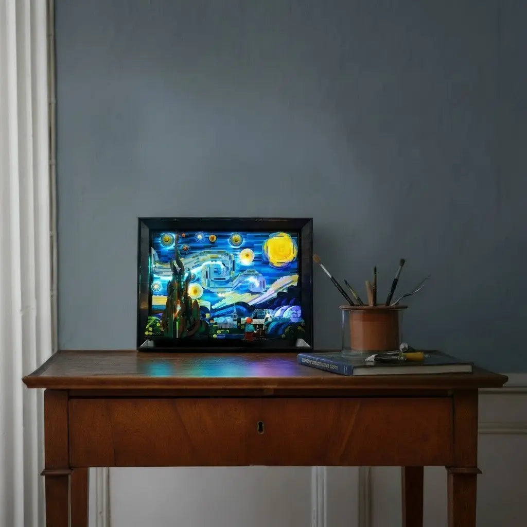LEGO® Vincent van Gogh - The Starry Night #21333 LED strips and bricks detail, with the custom LED lighting