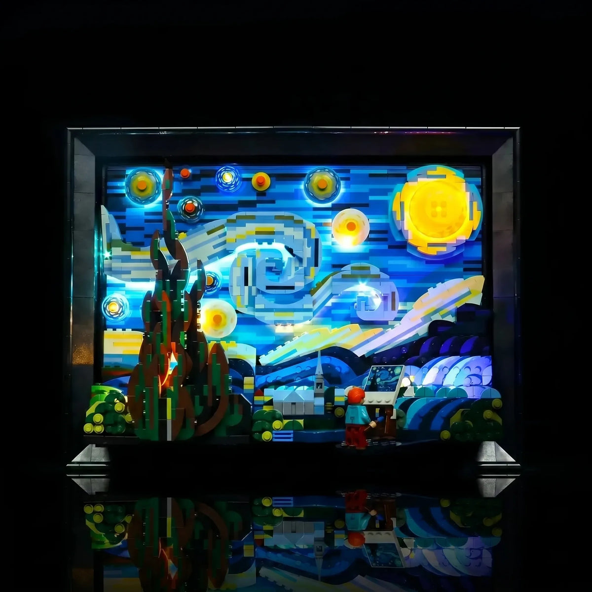 LEGO® Vincent van Gogh - The Starry Night #21333 warm LED glow detail, with the USB-powered LED light kit