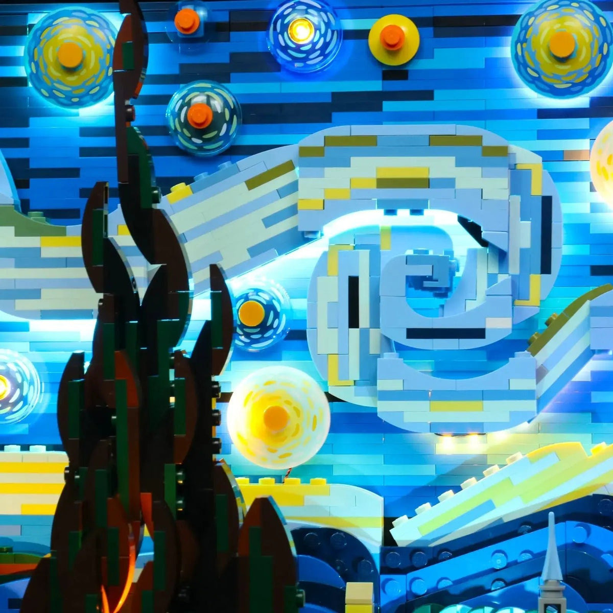 LEGO® Vincent van Gogh - The Starry Night #21333 — side angle with lights on (USB-powered LED light kit)