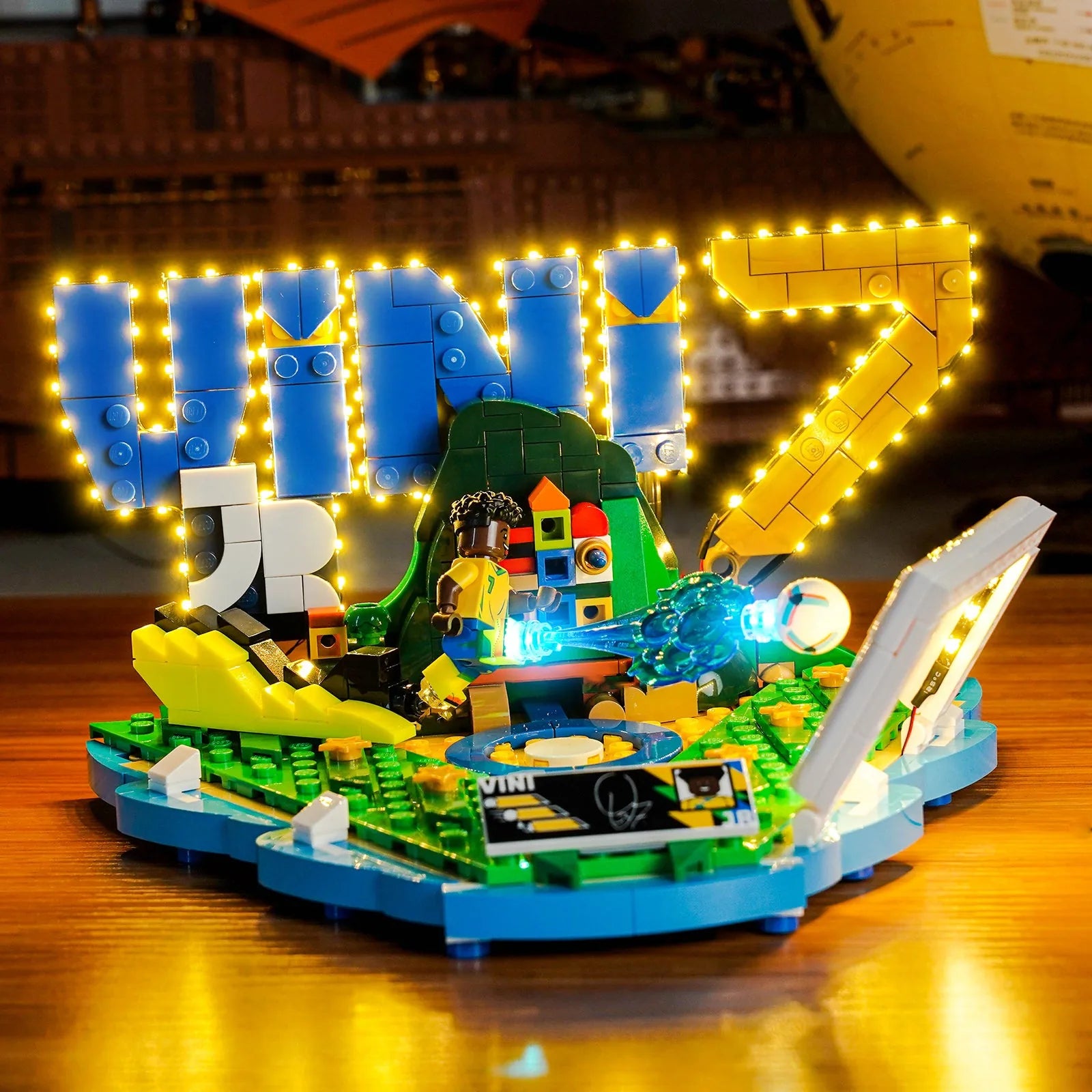 Close-up of LED lights on LEGO Vini Jr Soccer Highlights #43027