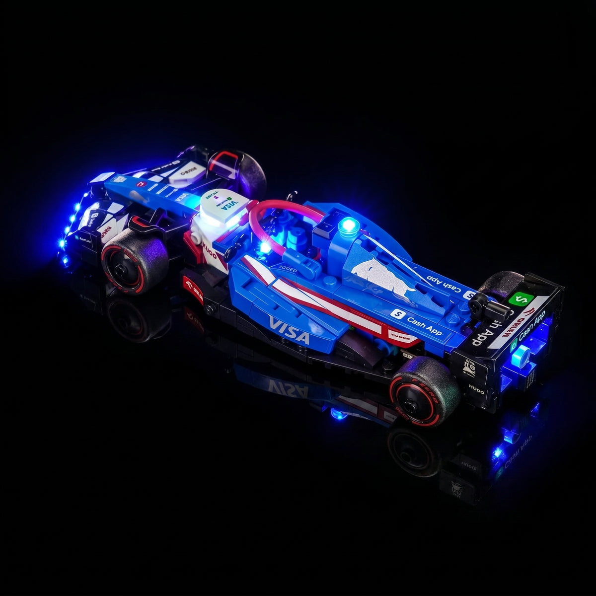 LEGO® Visa Cash App RB VCARB 01 F1 Race Car #77246 lighting effect on the build, with the light kit