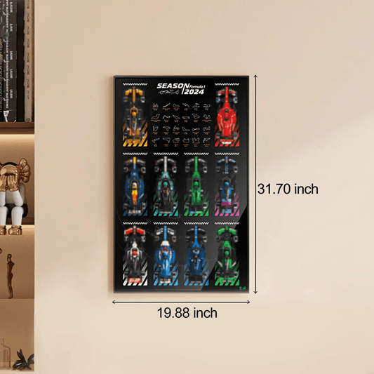 Wall Display Board for LEGO® F1 Speed Champions Cars (10 Slots) Without LED LED kit powered on (LED light kit for LEGO®)