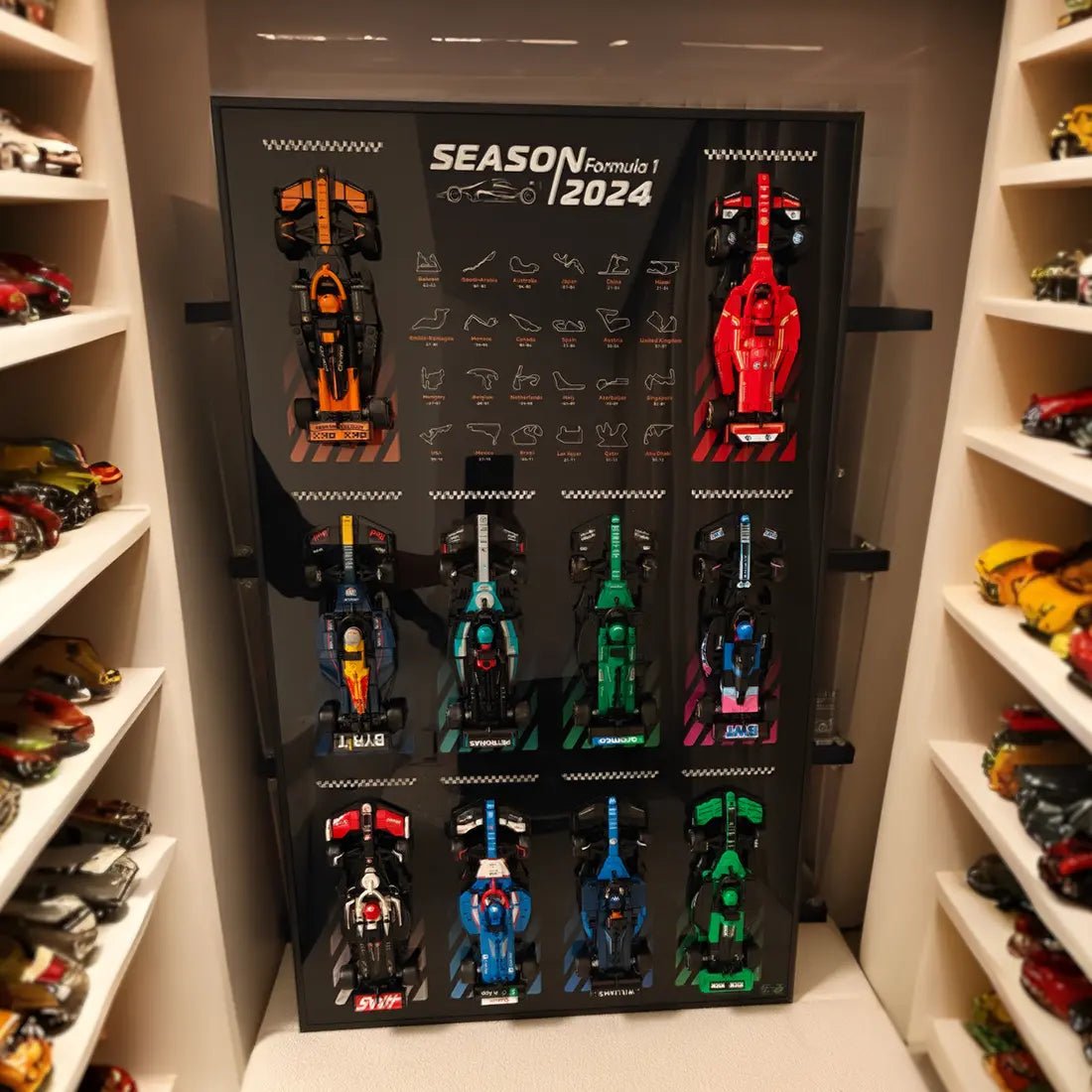 Wall Display Board for LEGO® F1 Speed Champions Cars (10 Slots) Without LED front view fully lit (LED light kit for LEGO®)