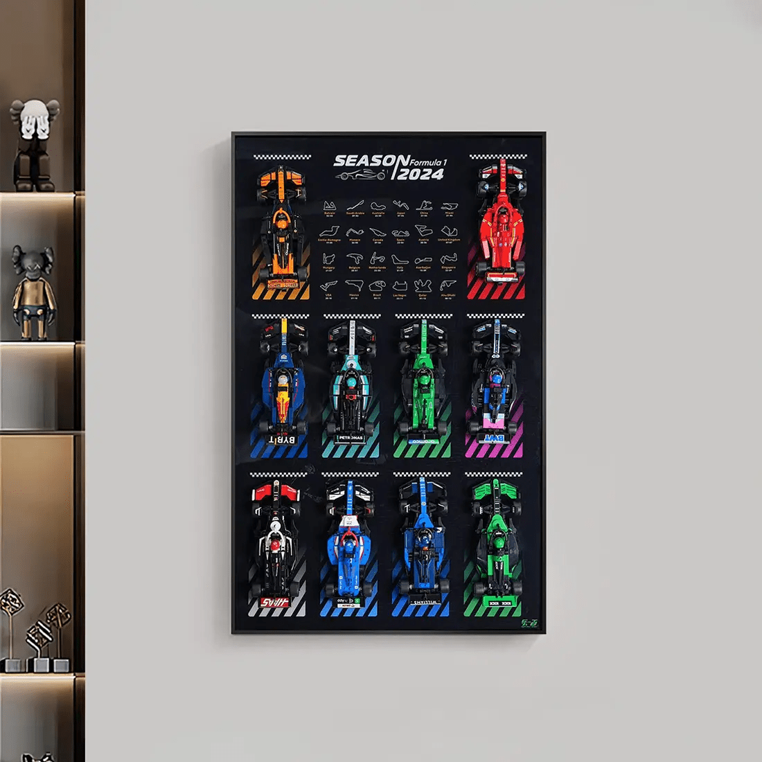 Wall Display Board for LEGO® F1 Speed Champions Cars (10 Slots) Without LED — LED light kit for LEGO®, installed and glowing