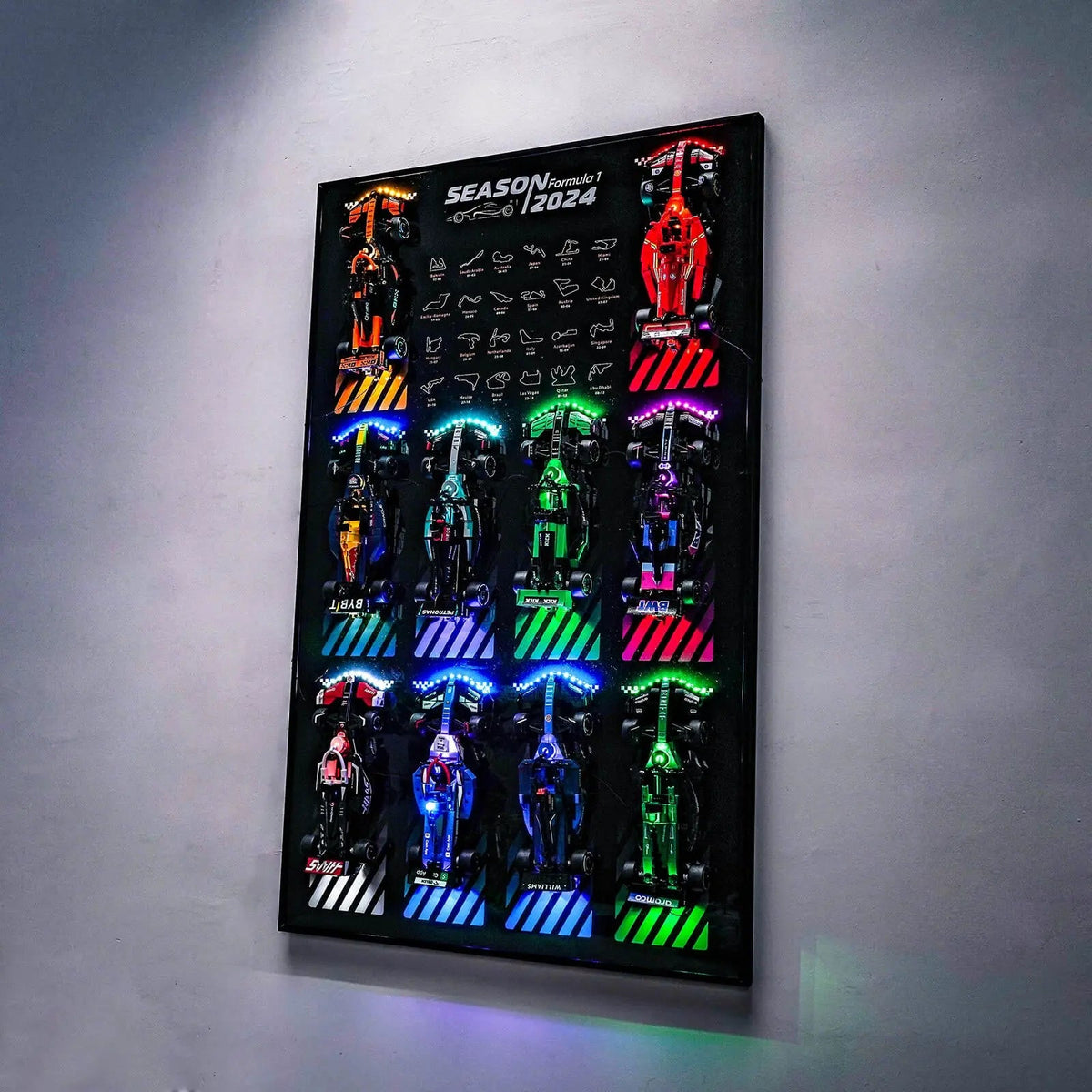 Wall Display Board for LEGO® F1 Speed Champions Cars (10 Slots) Without LED illuminated at night (DIY LED lighting for LEGO®)