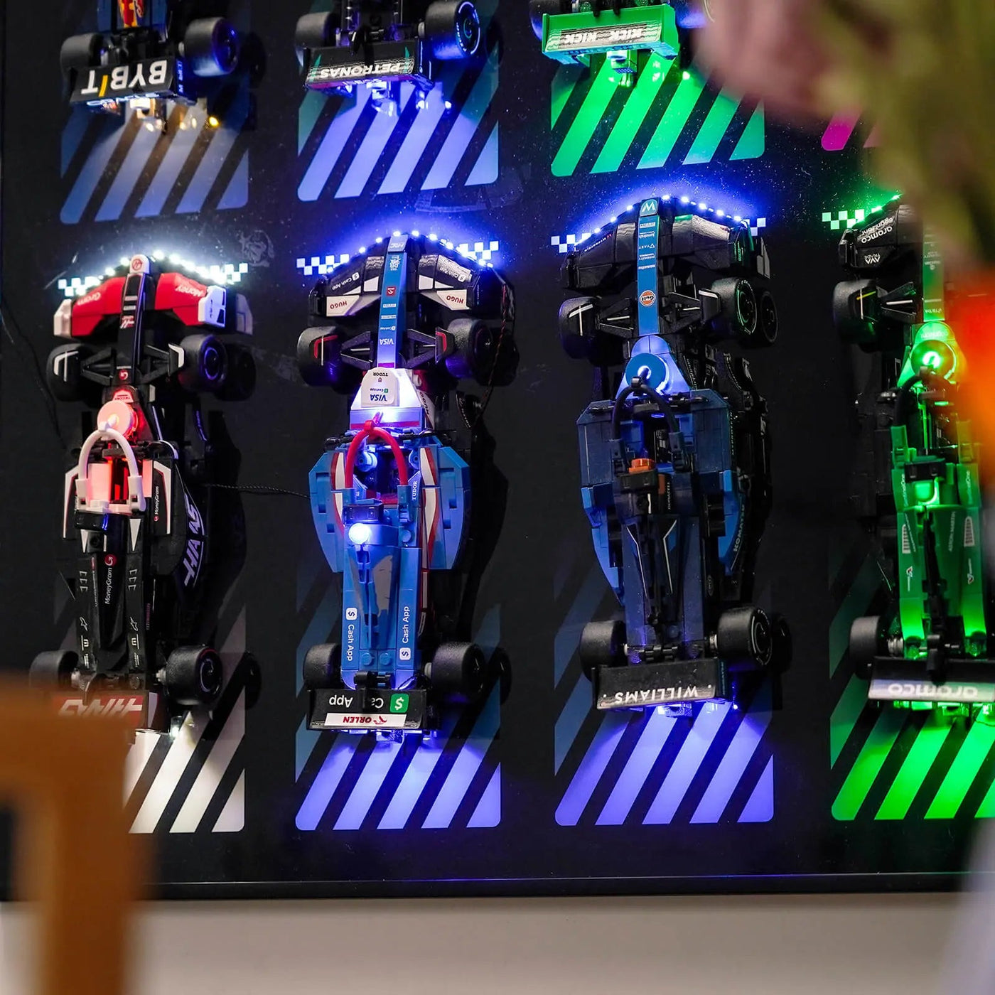 custom LEGO® lighting: Wall Display Board for LEGO® F1 Speed Champions Cars (10 Slots) Without LED by Bright My Bricks
