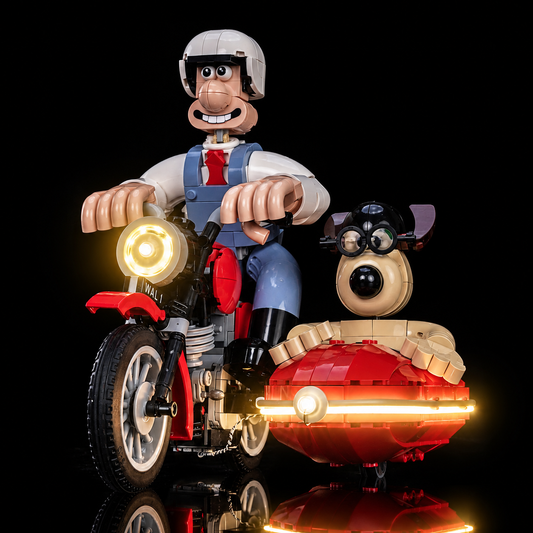 LEGO Wallace & Gromit 21371 light kit, warm headlamp and light strip around Gromit’s sidecar, three-quarter view