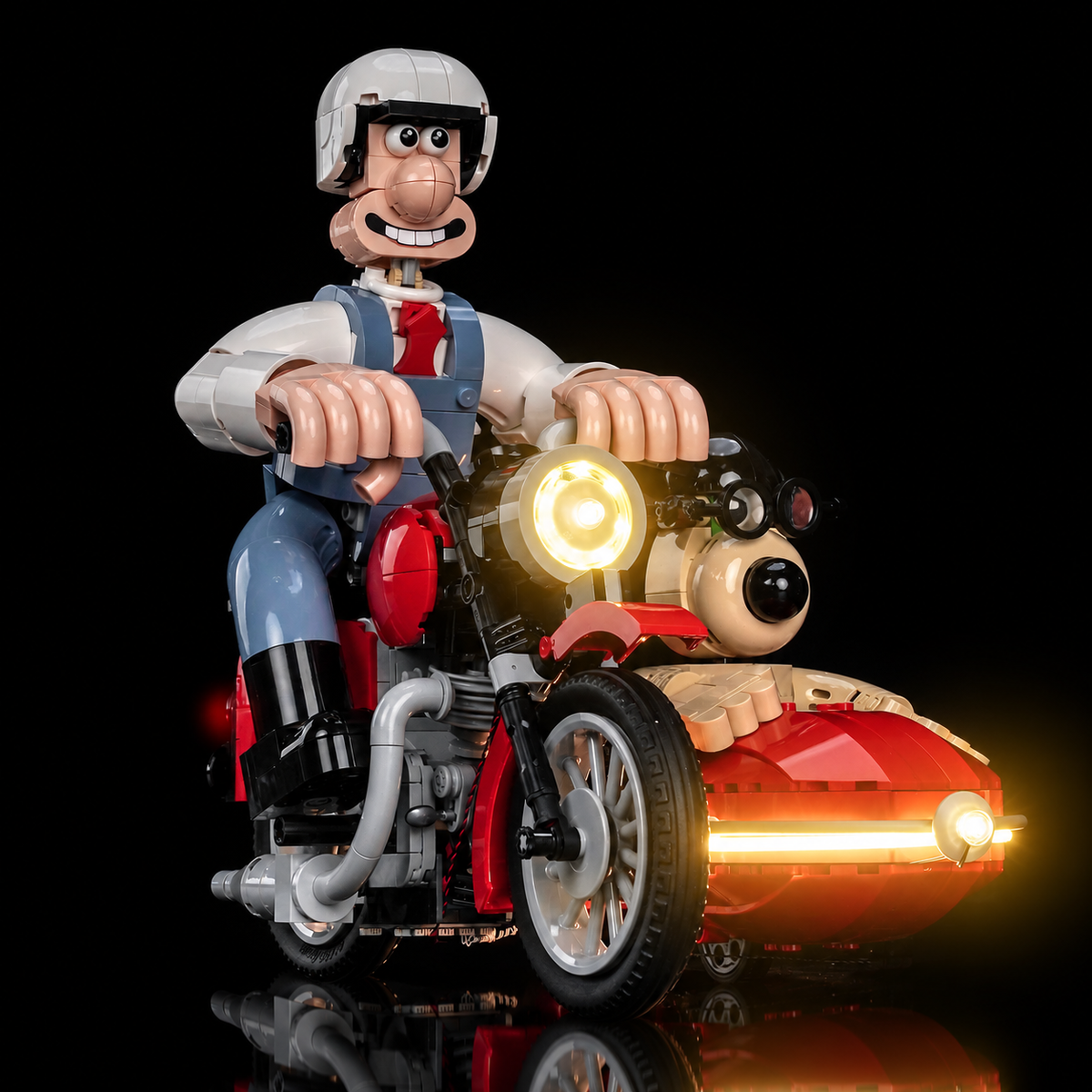 LED-Kit für LEGO Wallace & Gromit 21371, Frontperspektive mit Wallace und dem leuchtenden Motorradscheinwerfer