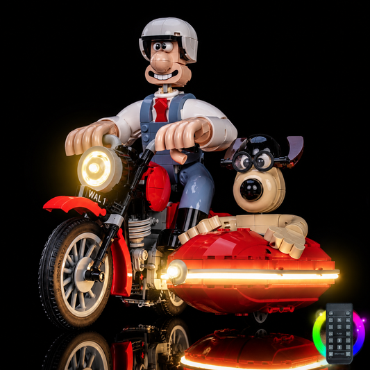 LEGO Wallace & Gromit 21371 light kit, illuminated motorcycle and red sidecar, with remote control shown