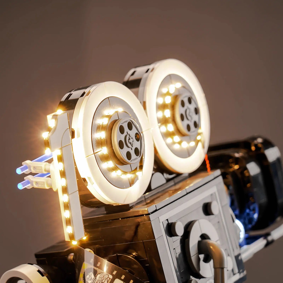 LEGO® Walt Disney Tribute Camera #43230 — side angle with lights on (premium LED light kit)