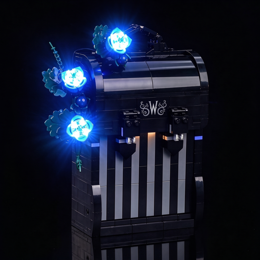 Angled studio view of closed LEGO® Wednesday Backpack #76787 with blue lights