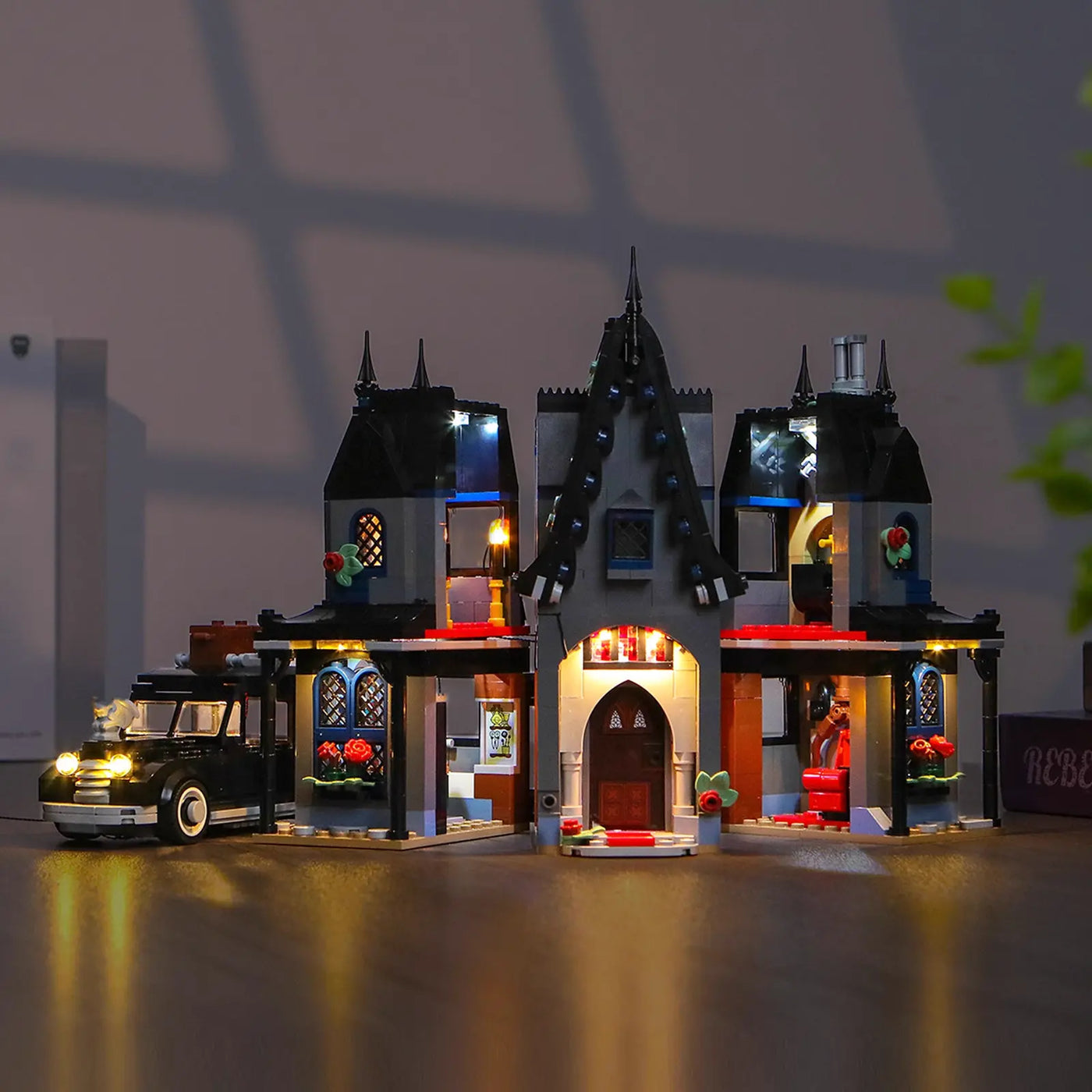 light kit for LEGO® Wednesday Morticia's Cottage #76786, fully illuminated on display